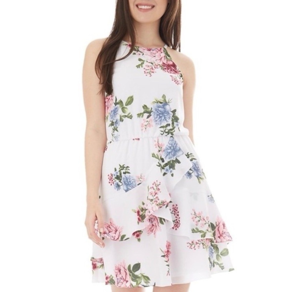✨Iz‎ Byer Women's Floral Sleeveless Elastic Waist Ruffle Summer Dress Size M